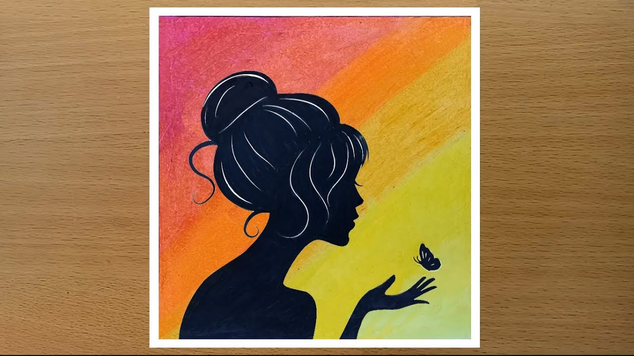 Girl with Butterfly Scenery Drawing with Oil Pastels - Step by Step