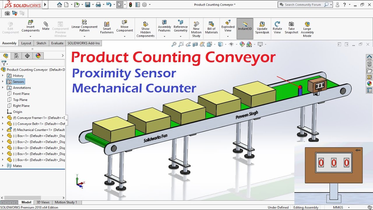 Simple Product Counting Conveyor Using Solidworks Proximity Sensor and Mechanical Counter
