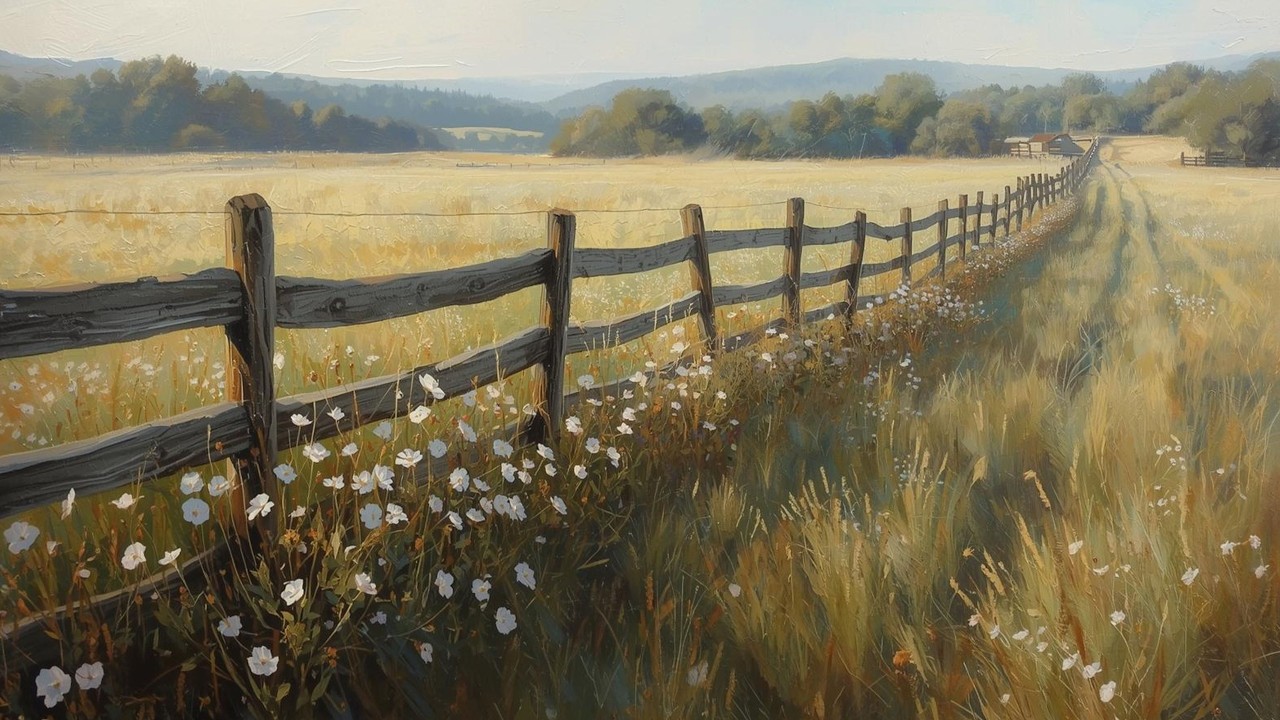 Country Fence in Wildflower Field Landscape Vintage Painting | Frame TV Art | 2-Hour Screensaver