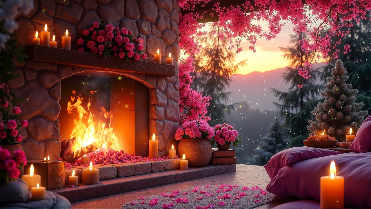💟 Pink Afternoon at Sunset 💖✨Fireplace Ambience in Cozy Winter Room with Romantic Jazz for Chillout