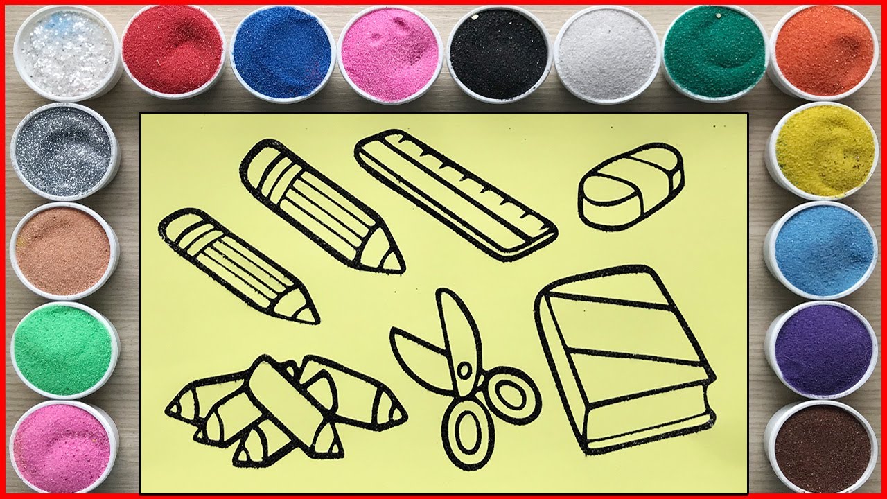 TÔ MÀU TRANH CÁT DỤNG CỤ HỌC TẬP SÁCH VỞ, BÚT, THƯỚC... Sand painting school tools (Chim Xinh)