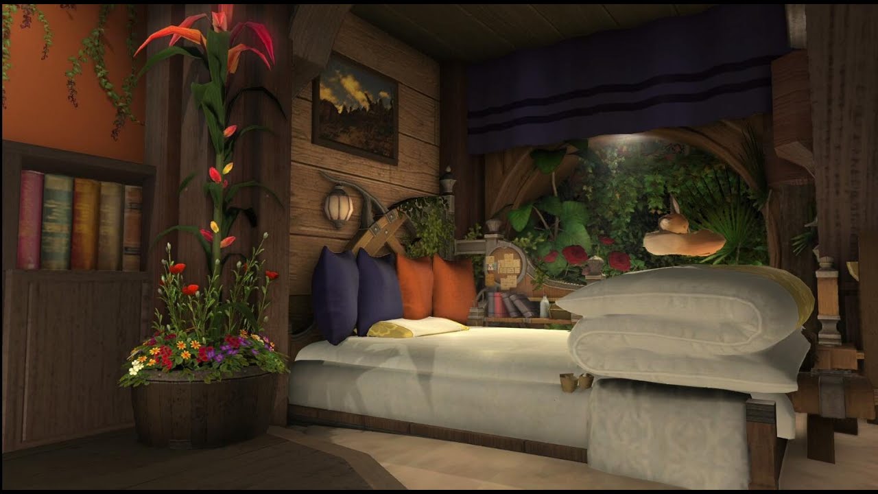 FFXIV/FF14 House/Housing-RL39( Gardener's wooden house,sunset,terrace bathroom,no filter)