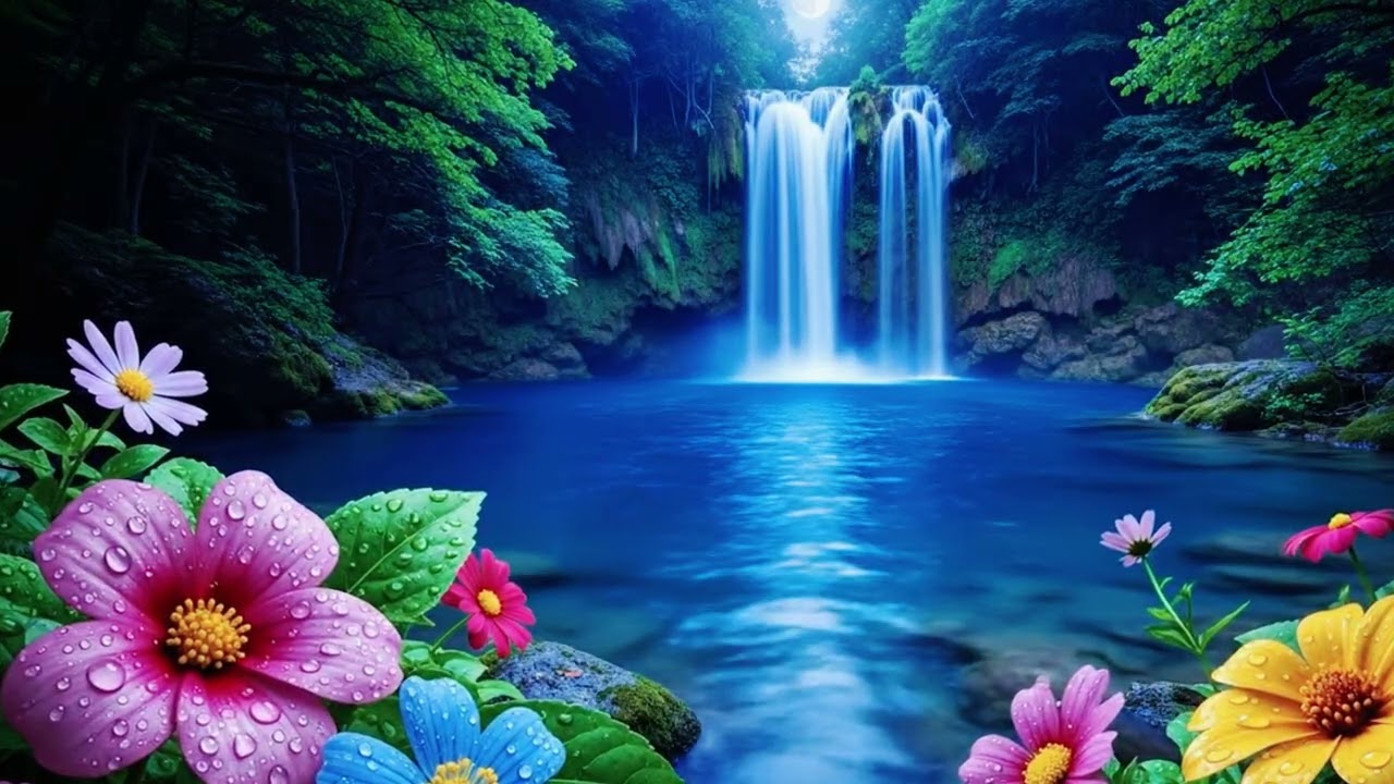 Moonlit Blue River & Waterfall | Relaxing Nature Music with Flowers