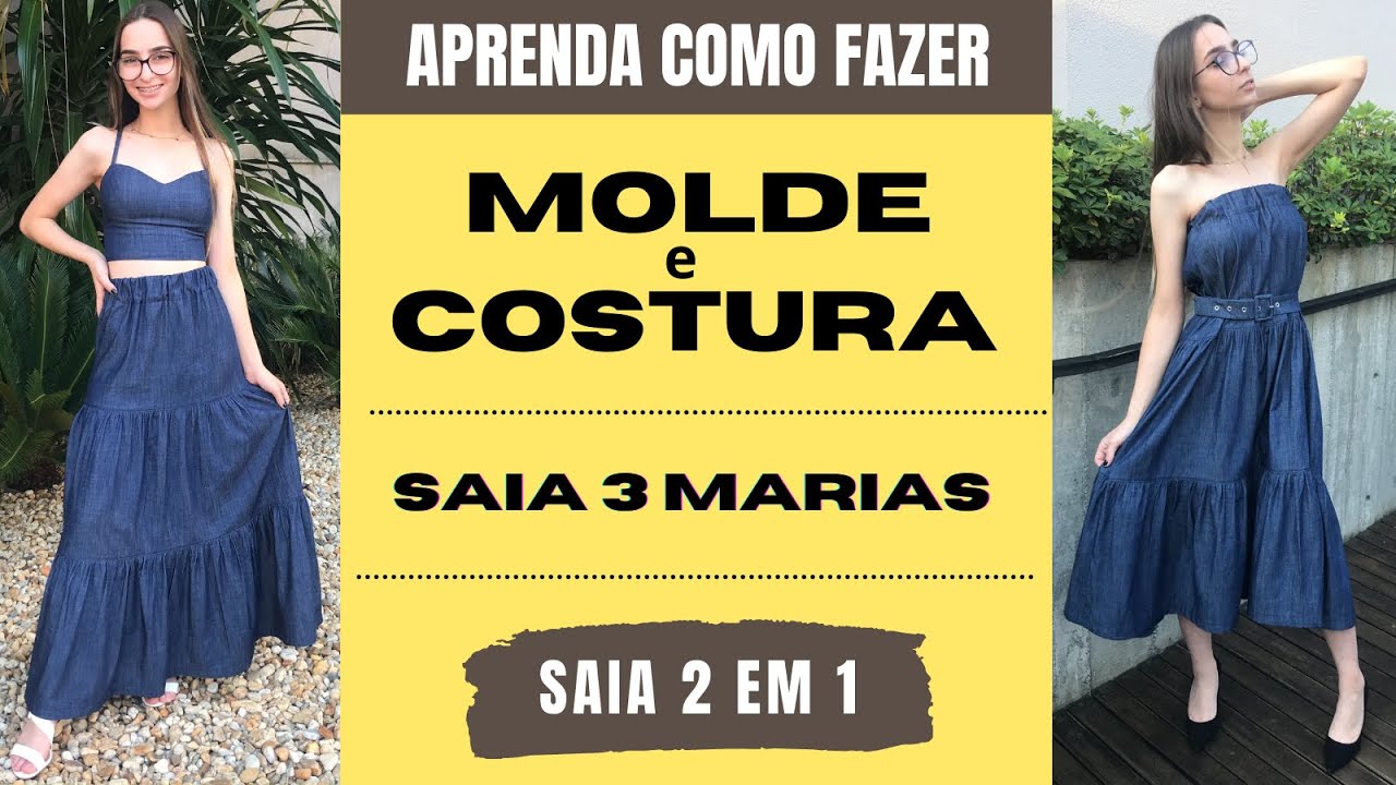 ✂ APRENDA COMO FAZER MOLDE E COSTURA SAIA 3 MARIAS