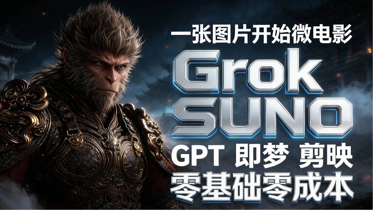 《一张图片开始微电影大片｜孙悟空不服这天｜AI 全流程教学》｜GPT 出图、Grok 视频、Suno 音乐、剪映剪辑｜零成本完整制作流程！