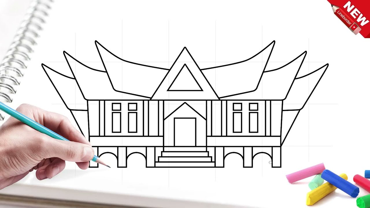 Cara menggambar rumah adat padang, rumah gadang dengan mudah dan keren untuk anak-anak  | jari ajaib
