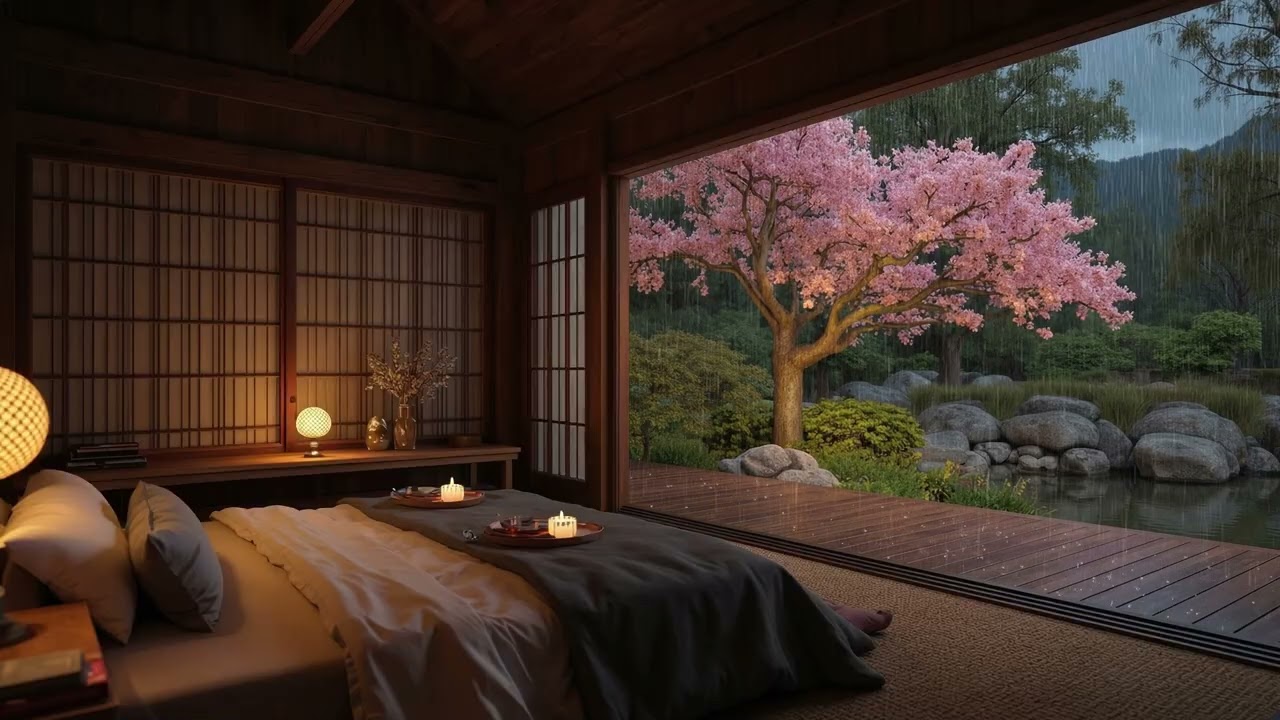 Rainy Night at a Luxury Ryokan 🌧️ Cherry Blossom Garden Rain Sounds for Deep Sleep & Study