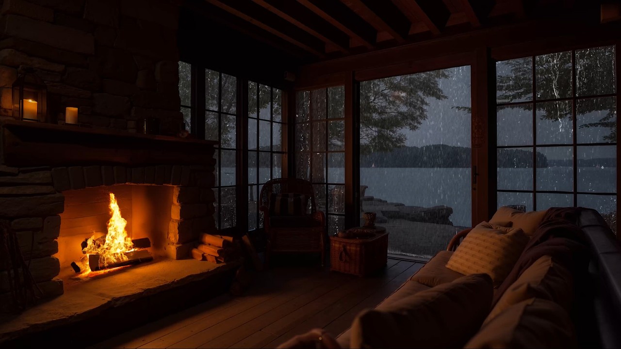 A Gentle Rainy Night at the Lakeside Cabin | Fireplace Warmth and Peaceful Nature Sounds
