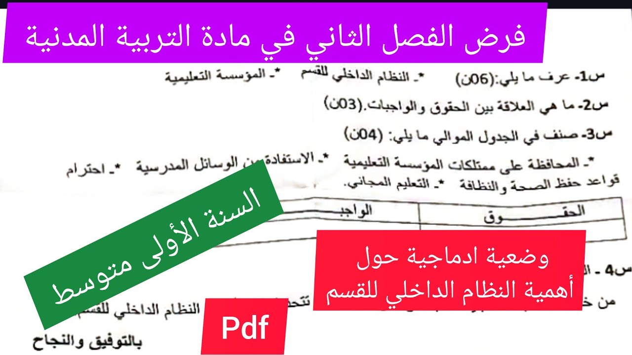 فرض الفصل الثاني في مادة التربية المدنية السنة الأولى متوسط