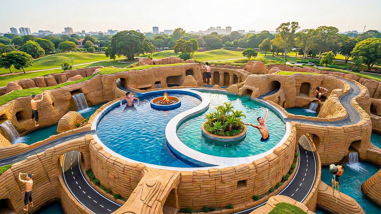280 Days Building a Yin Yang–Shaped Water Park with Highway-Style Spiral Slides Using Primitive Tool