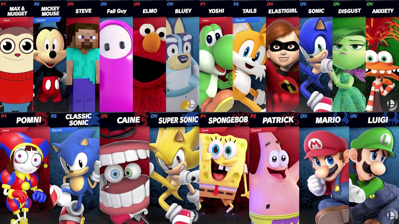 Sonic and Tails vs Yoshi vs Disgust | Mario and Luigi vs Spongebob in Super Smash Bros Ultimate
