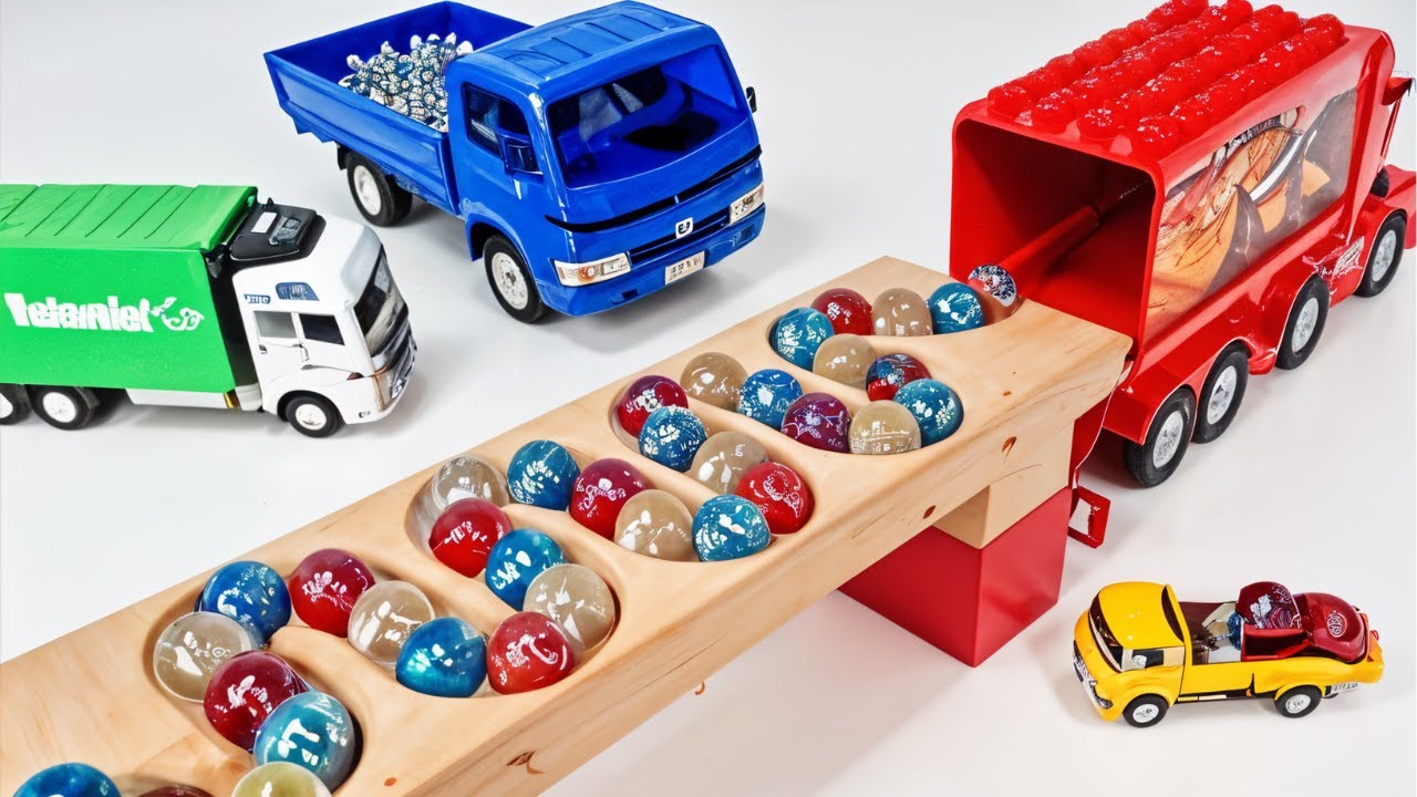 Marble Run Race ☆ HABA Slope & Retro Makita Truck, Excavator, Garbage Truck, Truck, Ambulances #09