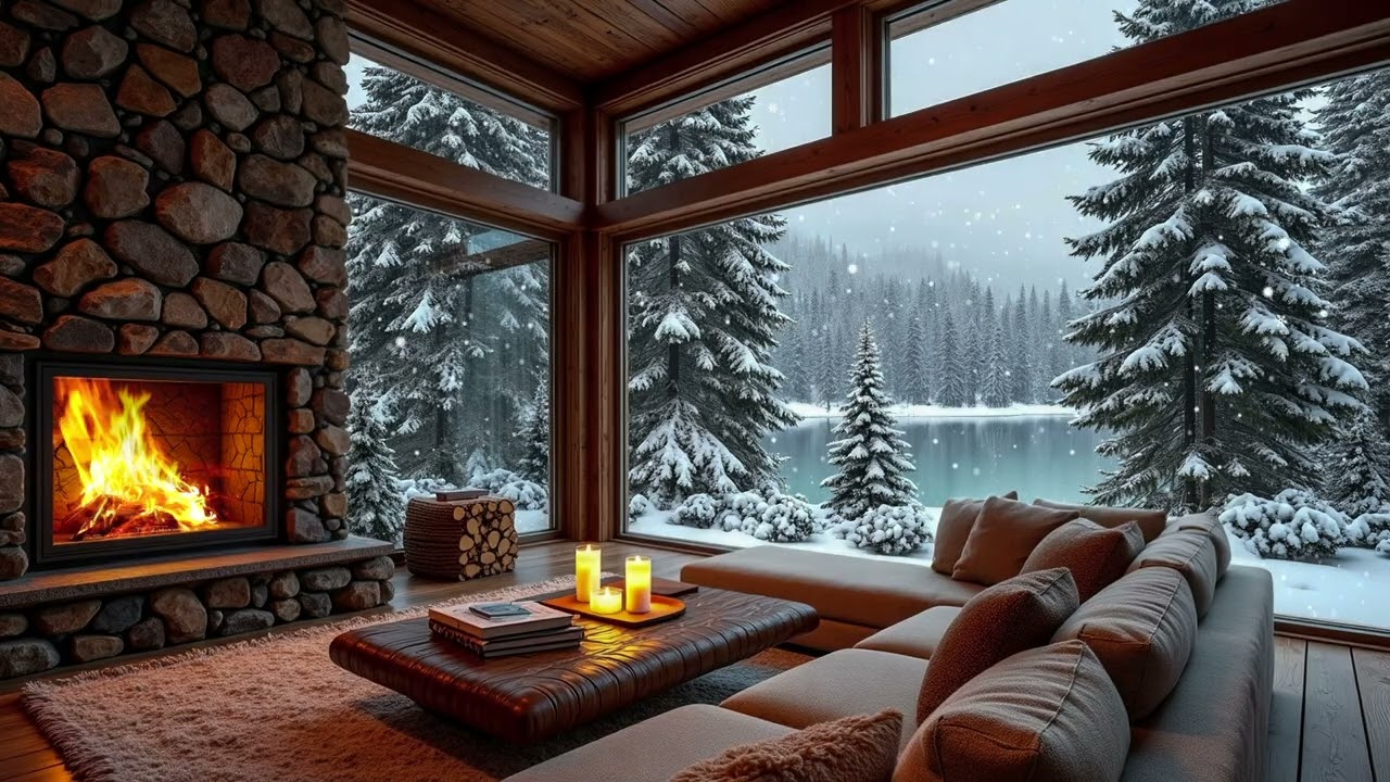 Winter Fireplace 4K 🔥 Crackling Logs in a Cozy Snow Cabin for Deep Relaxation, Stress Relief & Sleep