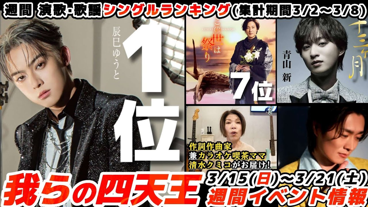 【歌声最前線Vol.40】「辰巳ゆうと」待望の新曲チャート初登場1位!山内惠介·青山新·真田ナオキ·辰巳ゆうと「我らの四天王」今週のイベント情報｜特集・不知火鈴香｜週間演歌歌謡シングルランキング