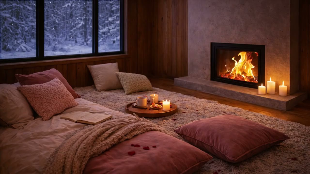 Romantic Fireplace Bedroom ❄️ Cozy Snowy Views & Relaxing Winter Atmosphere