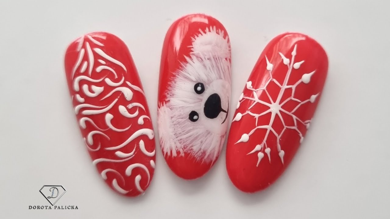 Simple Fluffy Teddy Bear nail art. Quick and Easy Christmas nail art designs