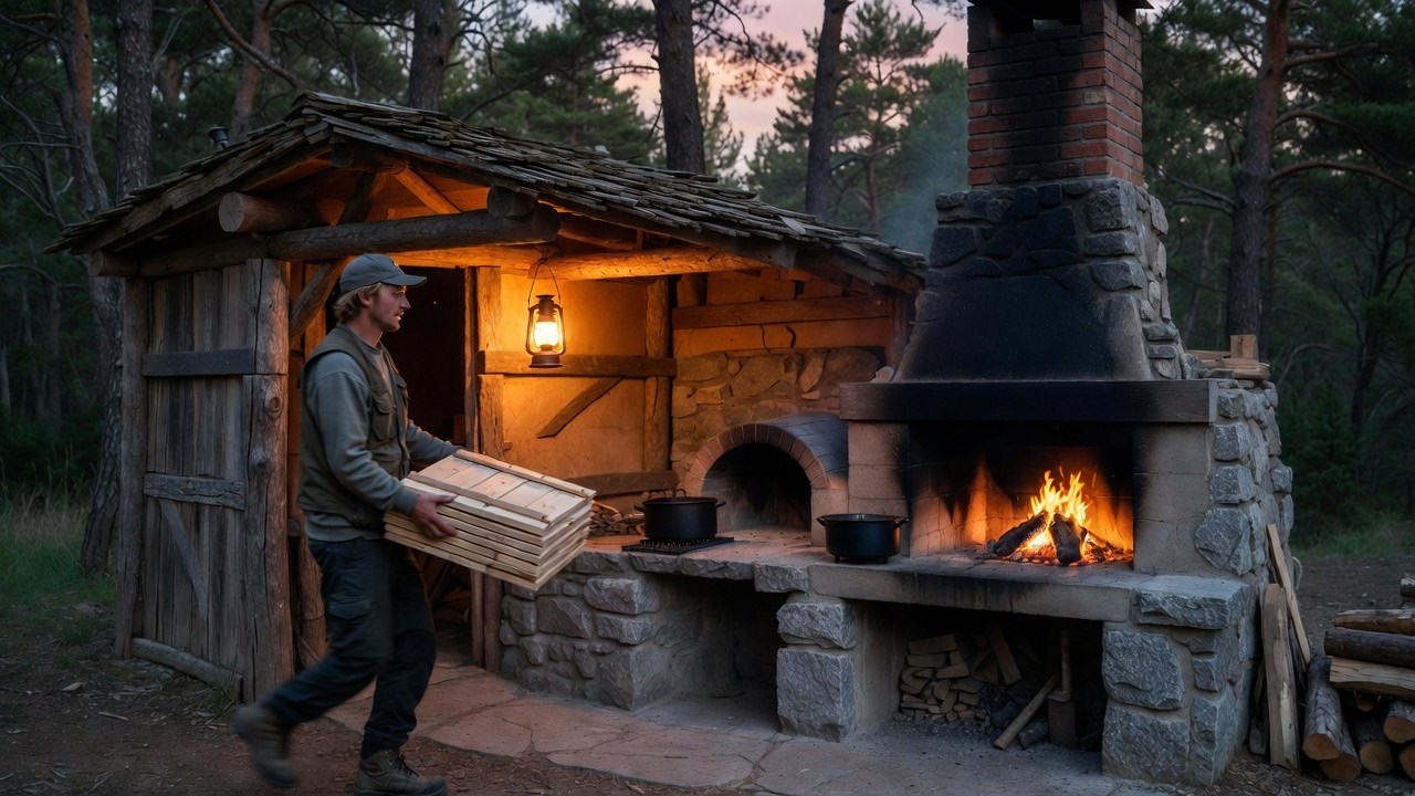 Building a Warm and Safe Wooden House Shelter in the Forest in 30 Days - Solo Bushcraft
