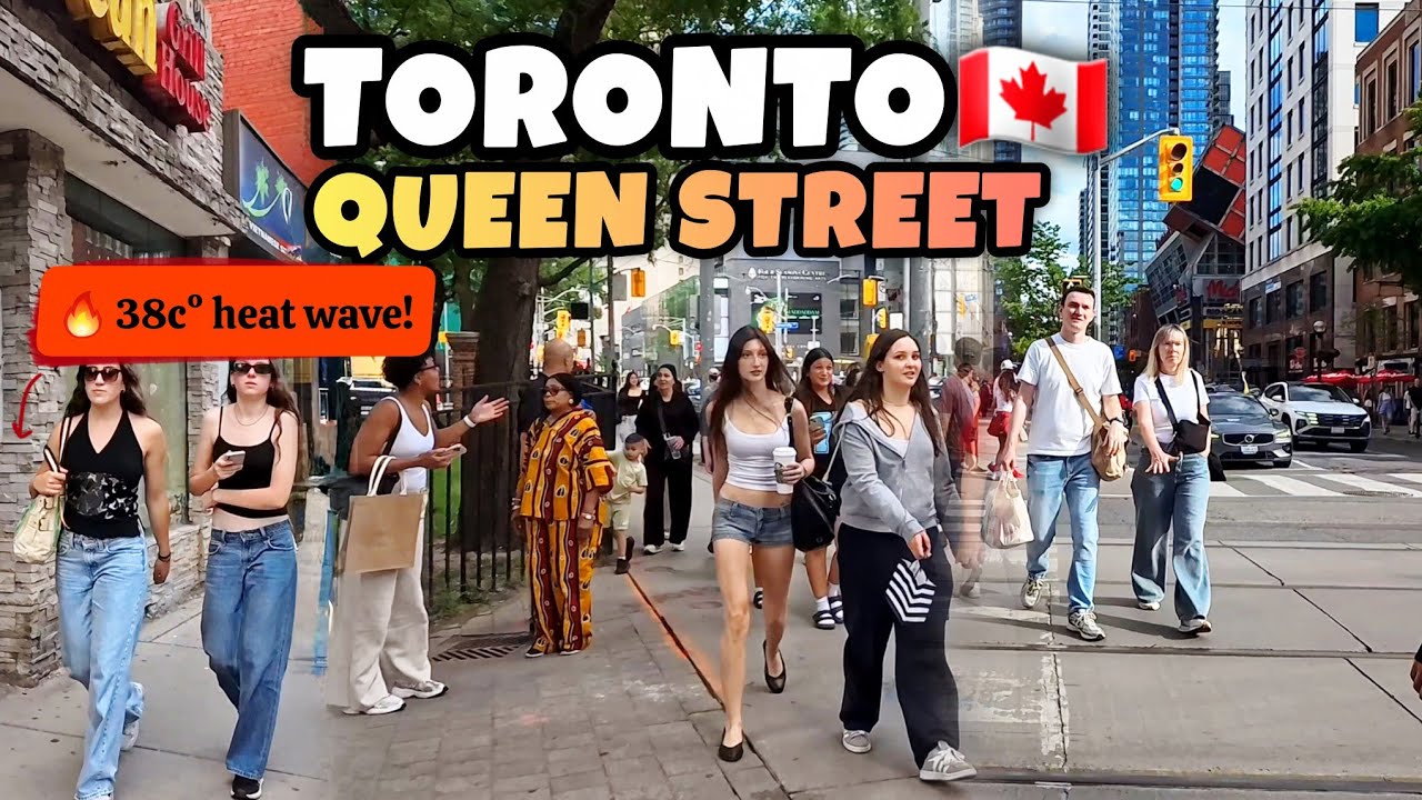 Летняя атмосфера на Куин-стрит в Торонто во время сильнейшей жары, Канада 🇨🇦 4K