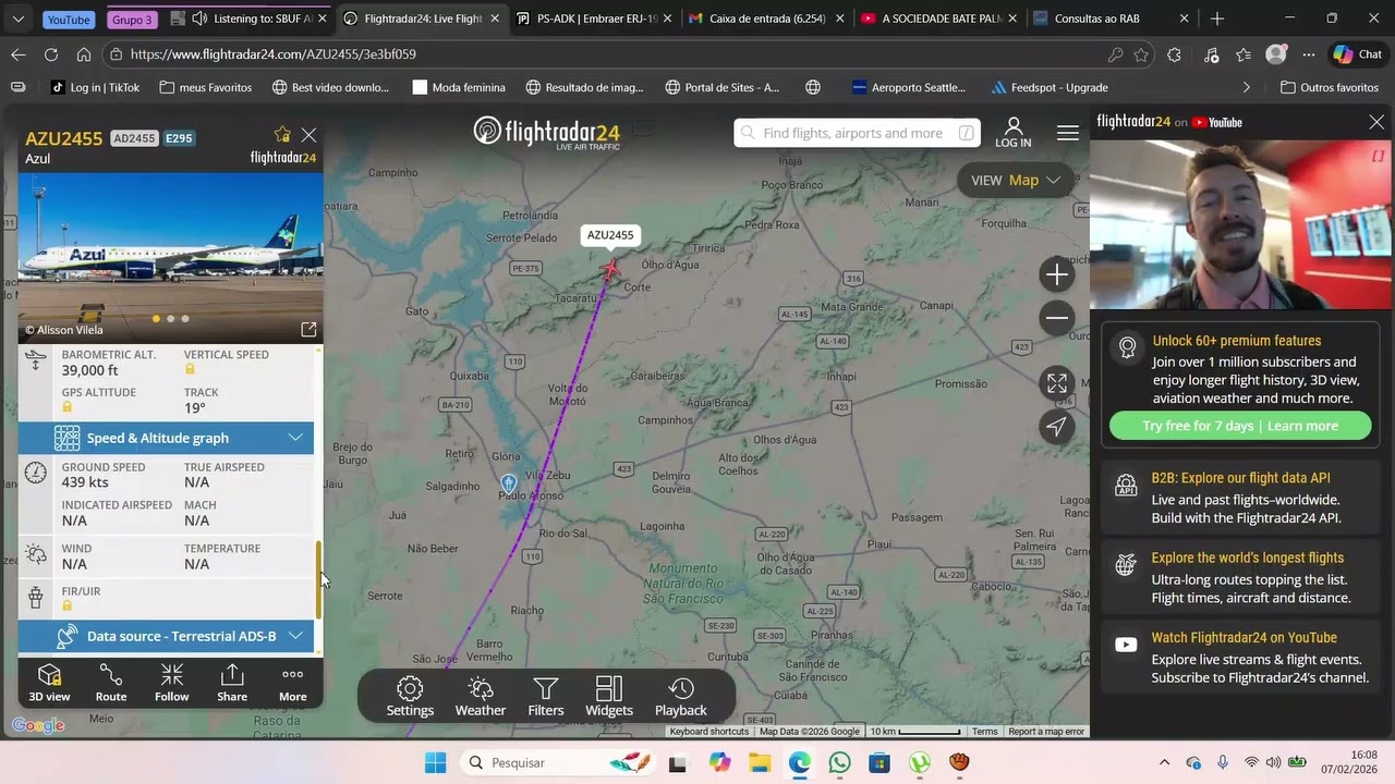 Voo AD2455 / AZU2455 cruzando com a zona Sul de Paulo Afonso-Ba em 07/02/2026