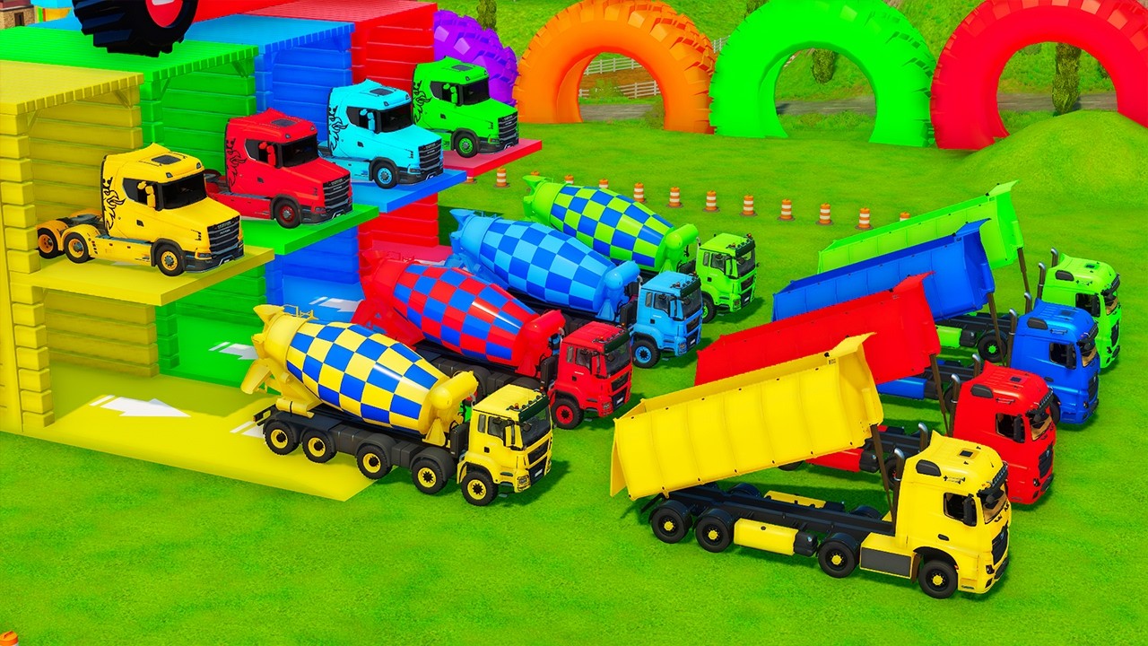 Garage with Colors - ALL MIXER TRUCK WITH DOUBLE FLATBED TRAILER TRUCK, KRAZ, URAL, FREIGHTLINER