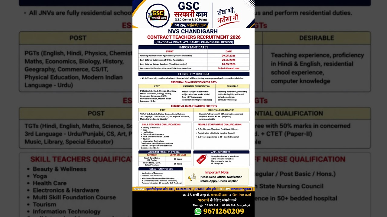 NVS Chandigarh Recruitment 2026 | Contract Teachers Vacancy 2026 | Apply Online Free 🔥