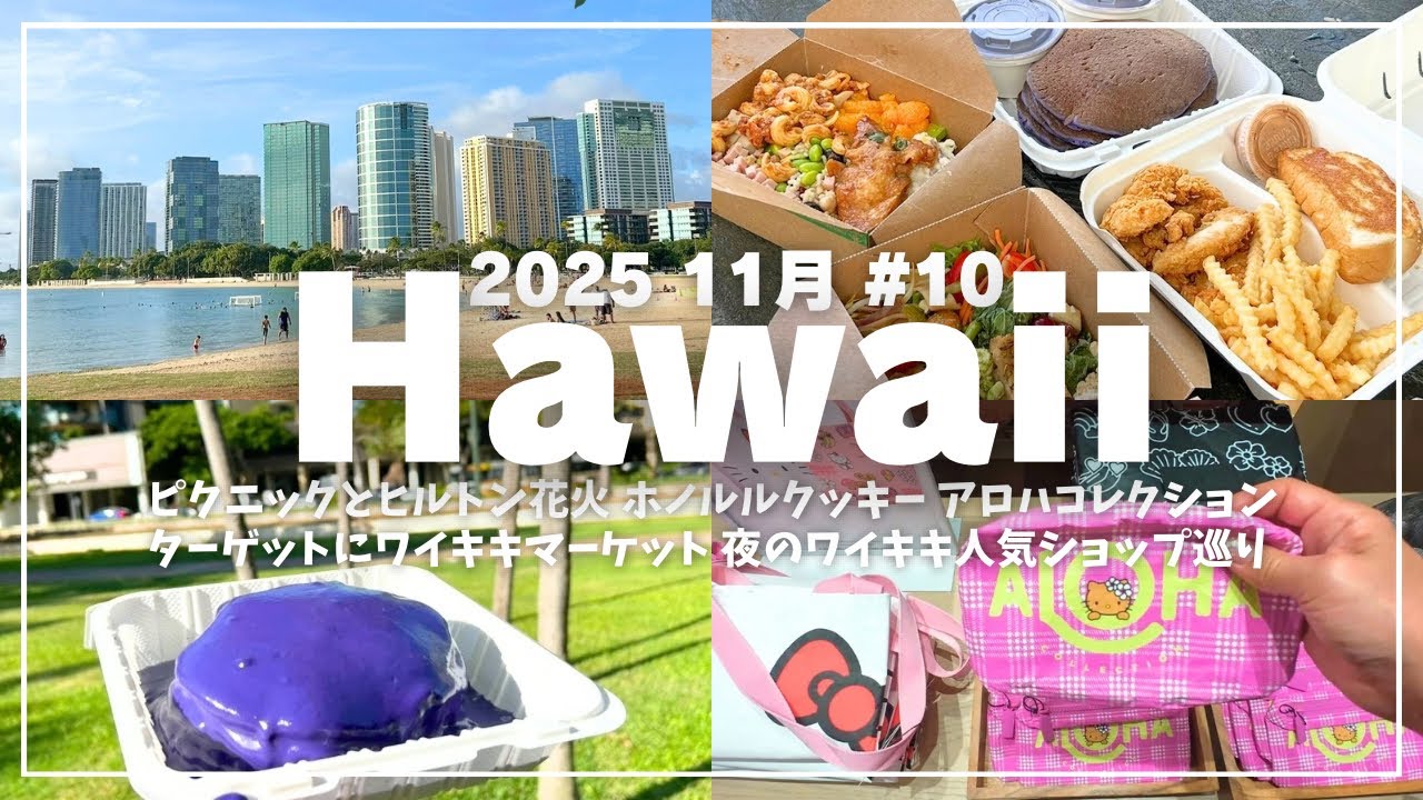 【2025年11月ハワイ#10】アラモアナビーチパークとヒルトン花火の夜 ワイキキ人気ショップ巡り😊ホノルルクッキー│アロハコレクション│ターゲット│ワイキキマーケット
