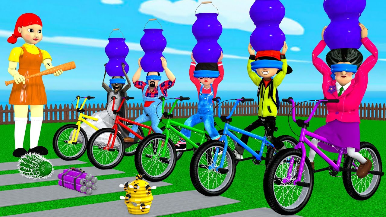Scary Teacher 3D vs Squid Game Blindfolded Motorbike Jumping And Clay Pot Hooking 5 Times Challenge