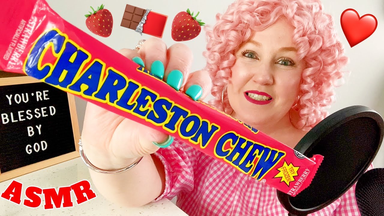 ASMR Eating Strawberry Charleston Chew Candy Bar (MUKBANG) *WHISPERING* (OPEN MOUTH SOUNDS)