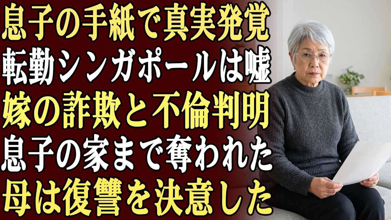 息子からの手紙で、戦慄の真実を知った。シンガポール転勤は嘘だった。嫁は詐欺、不倫を重ね、息子の家まで奪っていた。絶望を胸に押し殺し、私は息子のために復讐計画を始めた。