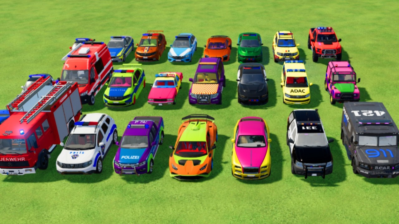 TRANSPORTING CARS, AMBULANCE, POLICE CARS, FIRE TRUCK OF COLORS! WITH TRUCKS! - FS 22