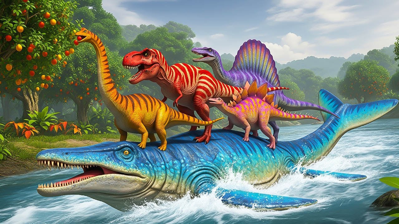 Dinosaurs Cross the River 🌊 T-Rex & Spinosaurus Saved by Mosasaurus