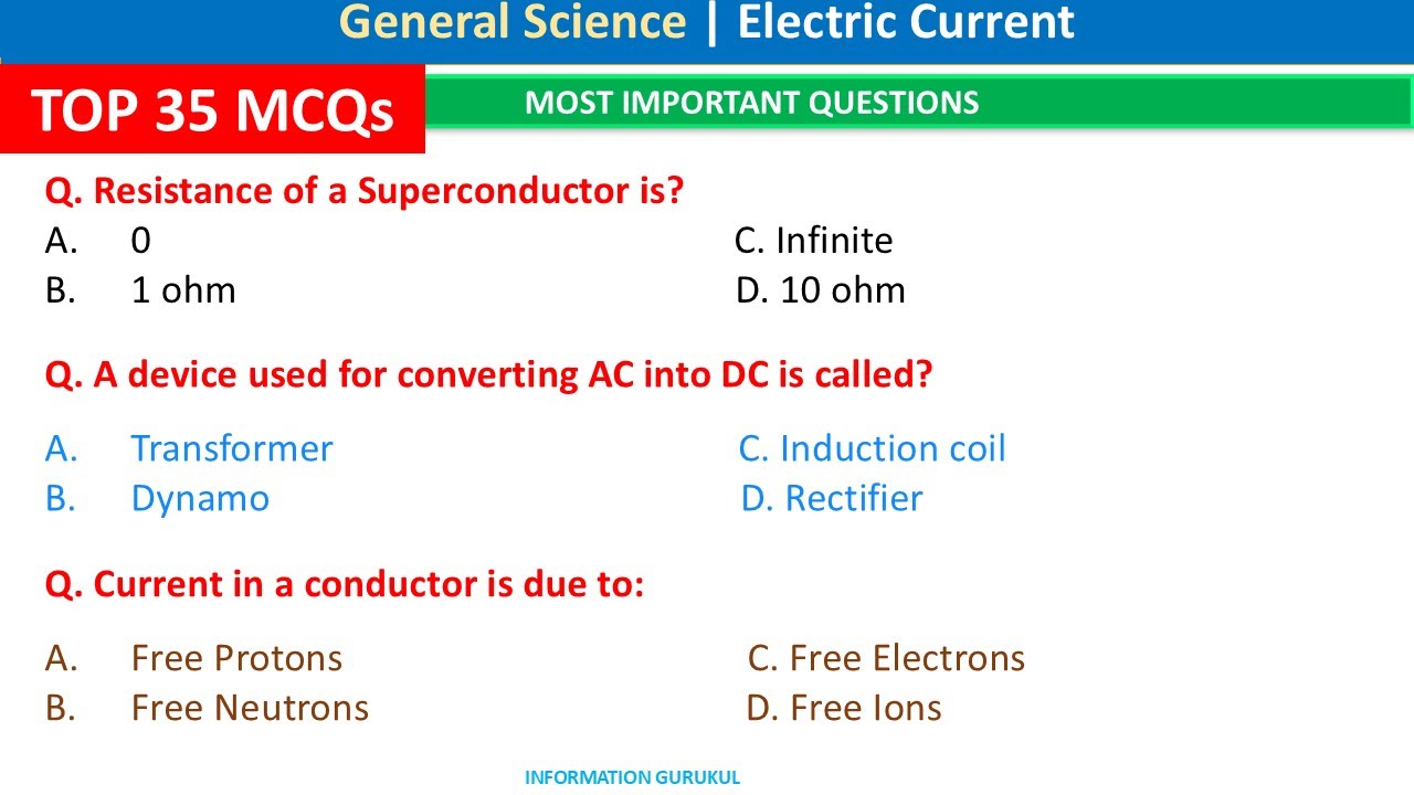 Top 35 Electric Current MCQs | Electricity MCQs for Competitive Exams | Physics MCQs | Science MCQs