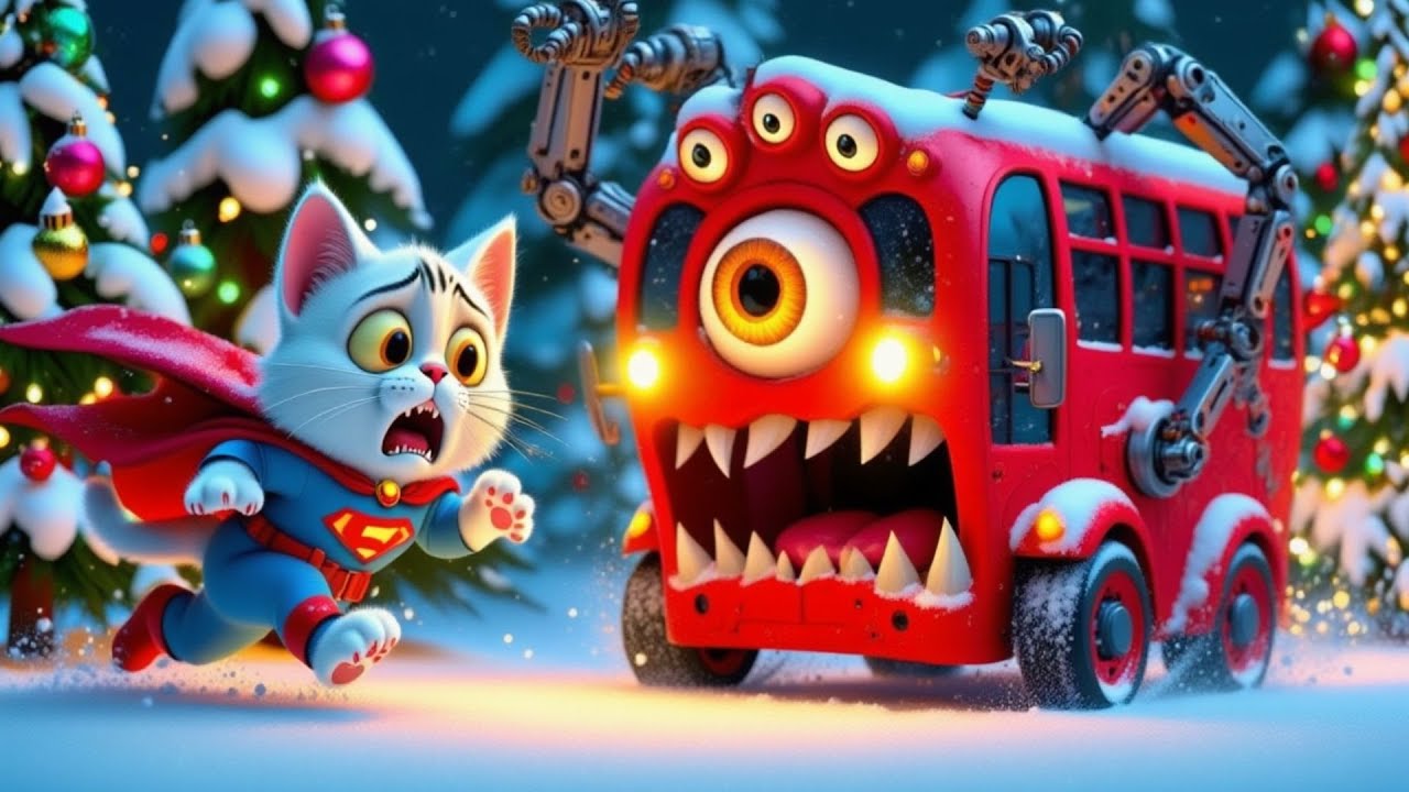 The kitten suddenly encountered a mutated big eyed cyborg school bus! 💥 #ai #story #catshorts#aicat