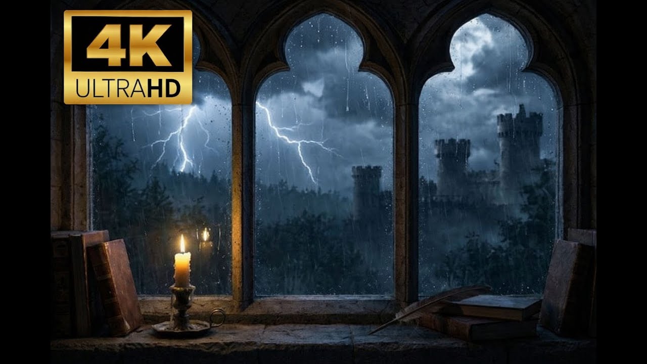 Medieval Castle Window with Distant Thunder & Rain 🏰 Relaxing Piano Music for Study & Sleep