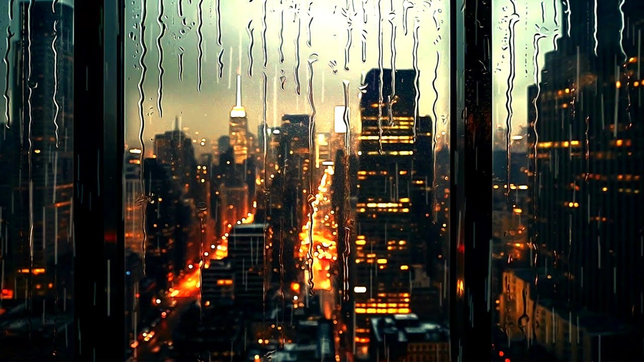 Heavy Thunderstorm – City Window Rain & Night Lights Ambience