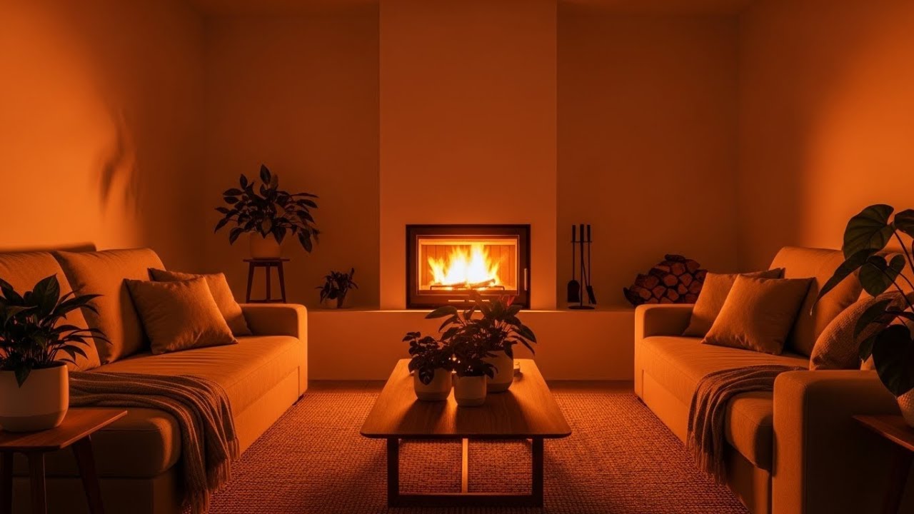 Warm Cozy Living Room Fireplace • Peaceful Night Rain Ambience for Sleep 4K