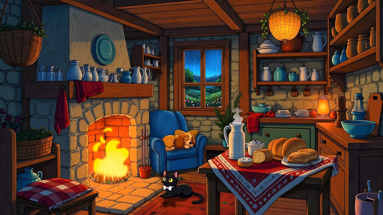 vintage oldies playing in another room on a cozy, calm night of the 1950s (fireplace, rain sound)
