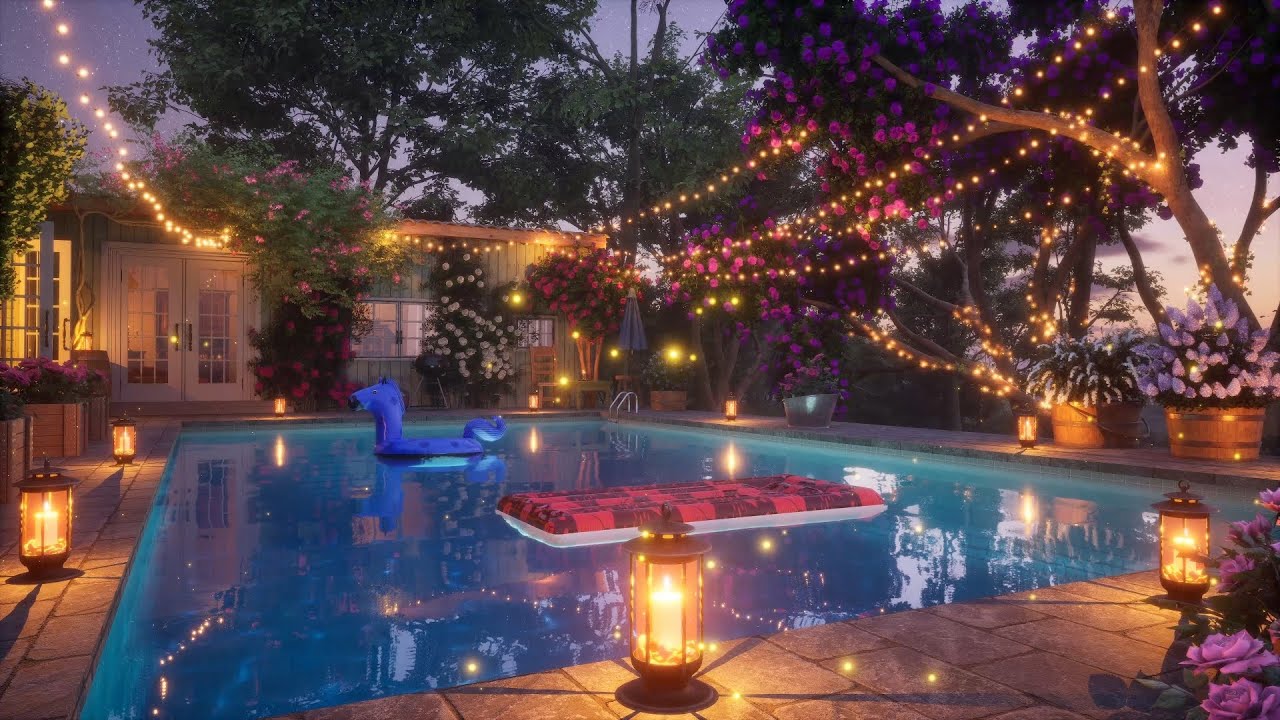 🌙 Relaxing Summer Sunset by the Pool | Soothing Sounds of Cicadas, Crickets, Gentle Breeze, Water 🌙