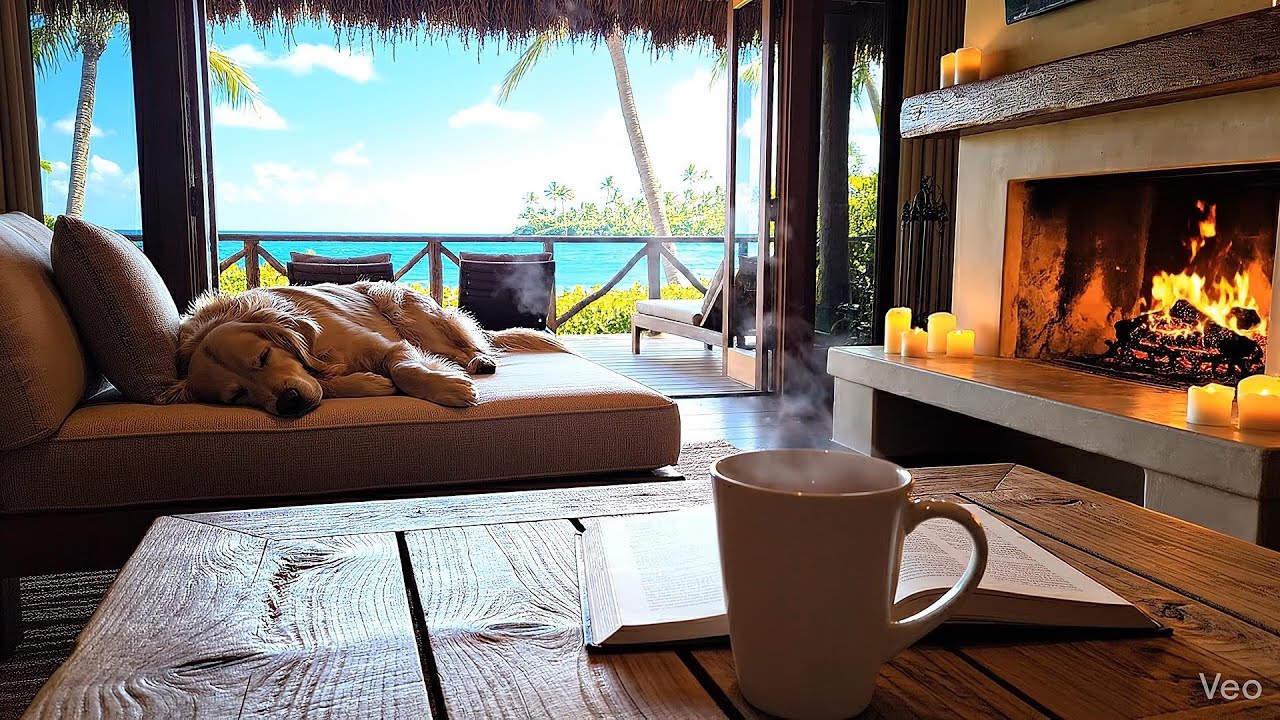 Ocean Beach Resort Ambience – Cozy Fireplace, Ocean Waves & Singing Bowls