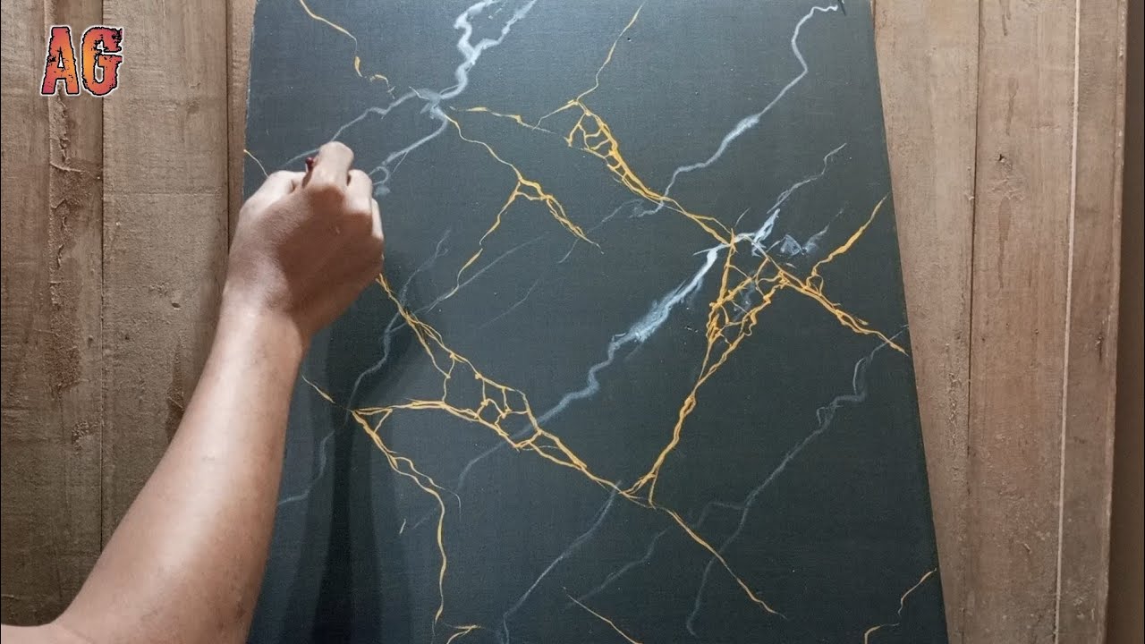 TUTORIAL PEMULA || CARA BUAT RETAKAN MOTIF MARMER GRANIT WARNA HITAM GOLD