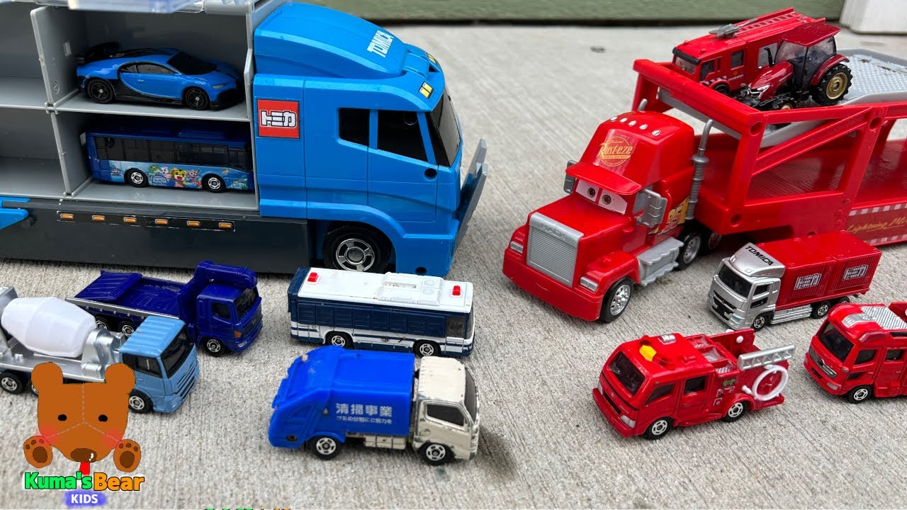 Blue Car Carrier VS Red Car Carrier! The cars search for Blue and Red Cars【Kuma's Bear Kids】