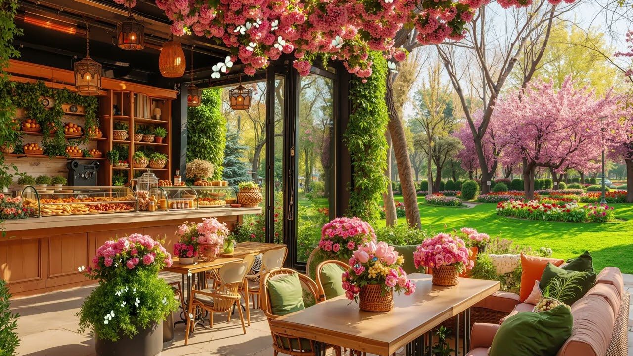 Spring Outdoor Coffee Shop ☀️ Smooth Jazz Piano Music for Work & Relax