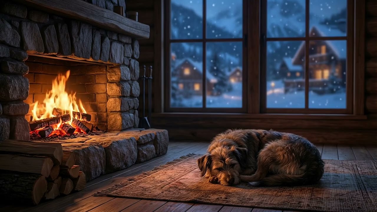 🐶🔥 12 Hours Cozy Fireplace with Sleeping Dog  | Cozy Fire Ambience for Sleep & Relaxation