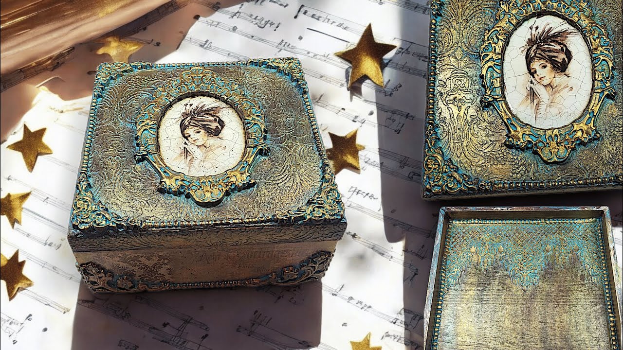 Mixed Media #DIY Jewelry Box, #Decoupage, Decorative Wax, #mixedmedia #diyjewelrybox