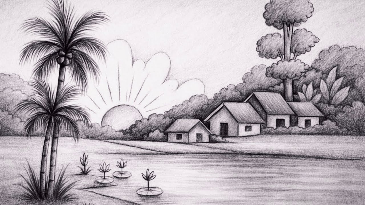 How To Draw A Beautiful Easy Village Scenery |प्राकृतिक दृश्य चित्र बनाना सीखें