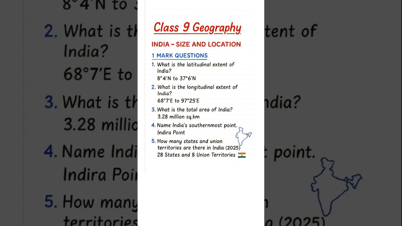 Class 9 Geography 1 Mark Questions | Chapter 1 India: Size & Location | Board Exam 2025