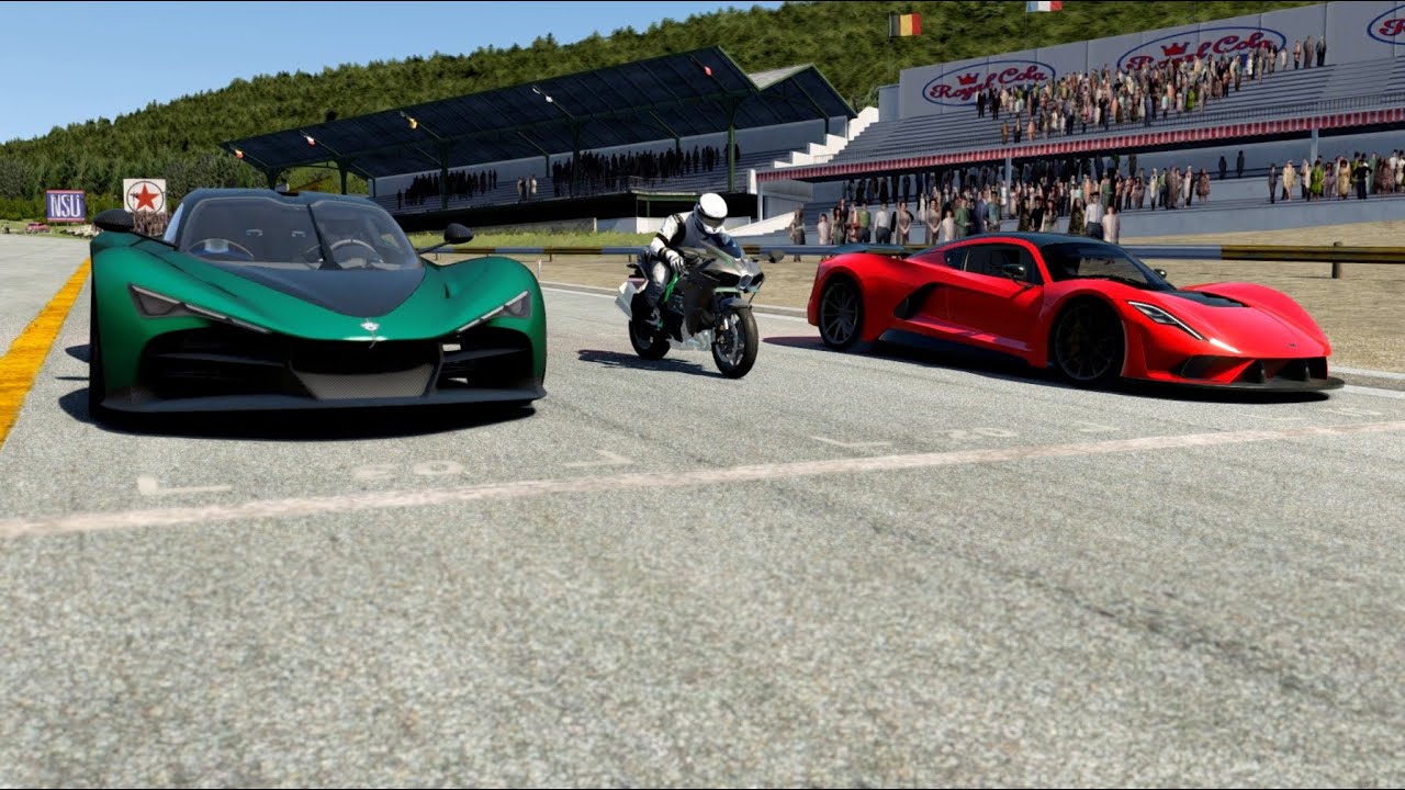 Zenvo Aurora Tur vs Kawasaki Ninja H2 vs Hennessey Venom F5 at Old SPA