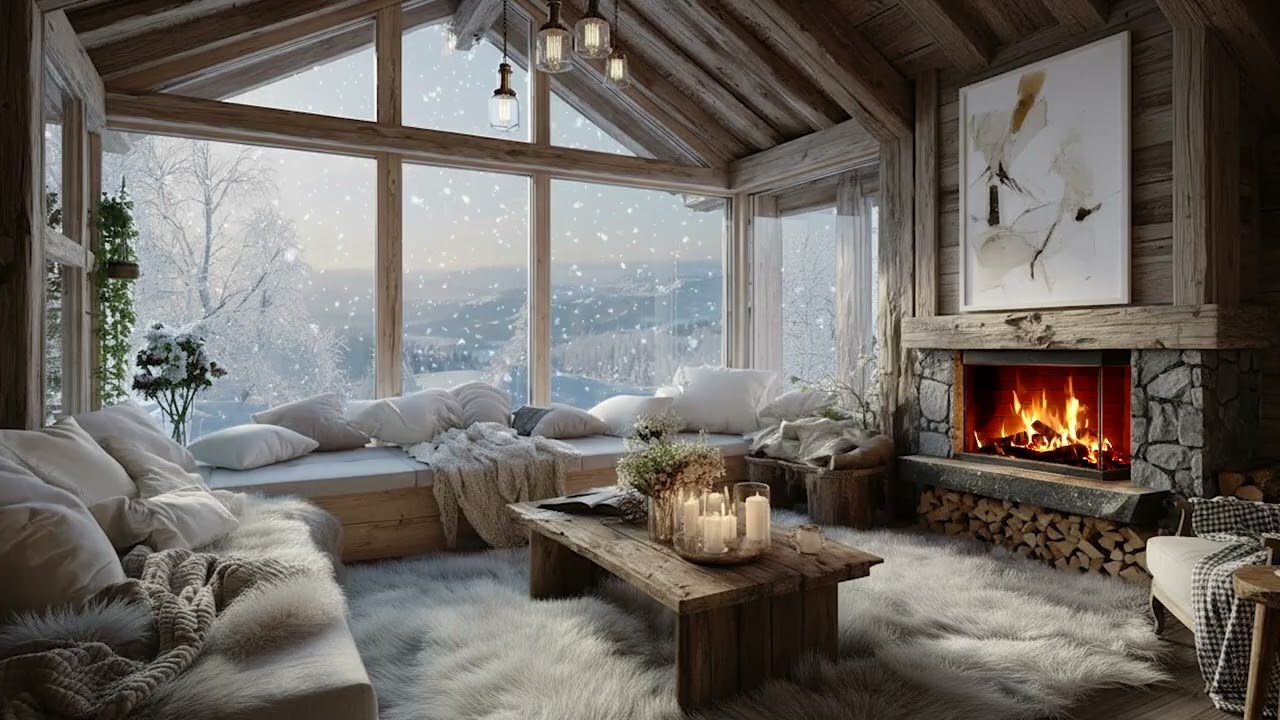 Calm Snow Piano Lounge | White Floral Interior and Fire for Stress Relief