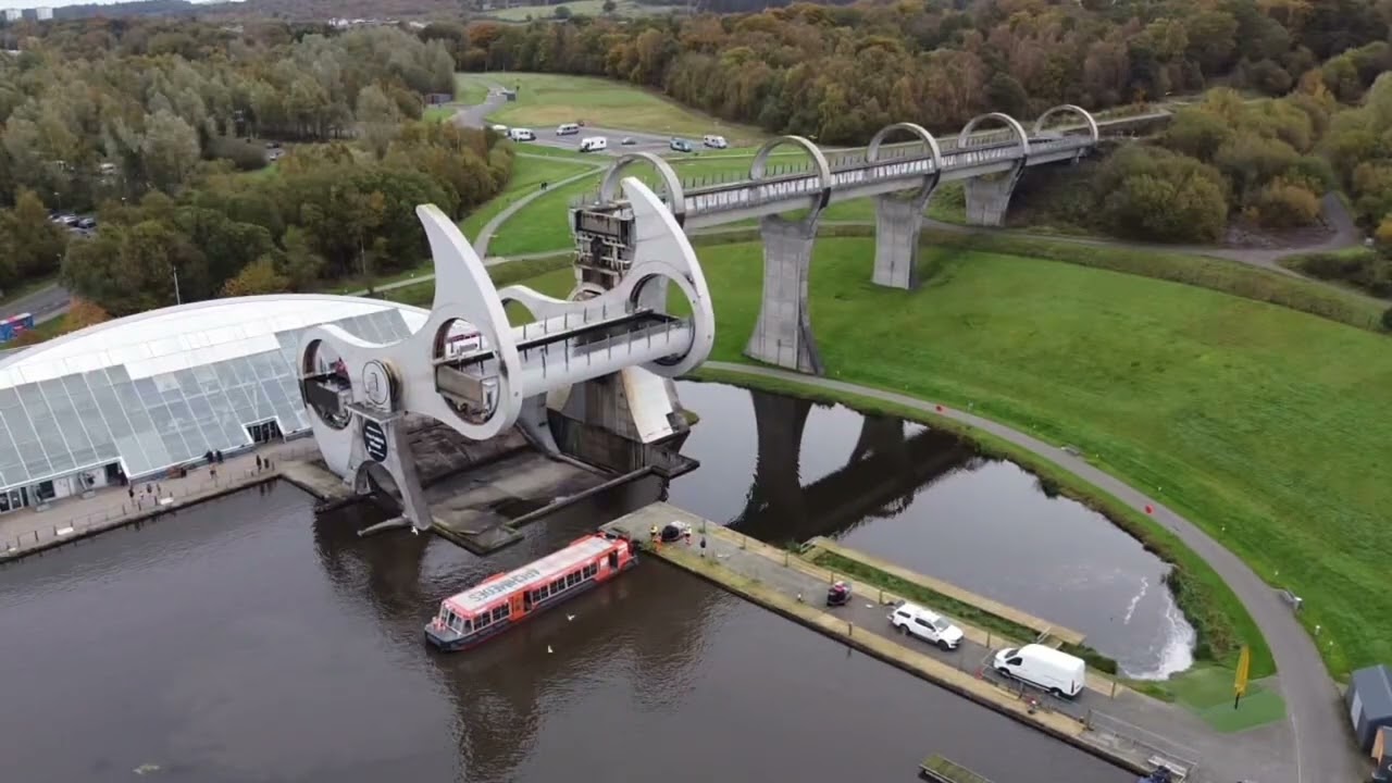 The Falkirk Wheel (Real time) aerial footage 