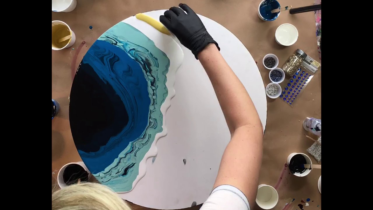 Large ACRYLIC POUR Tutorial || Geode Style || With real precious stones